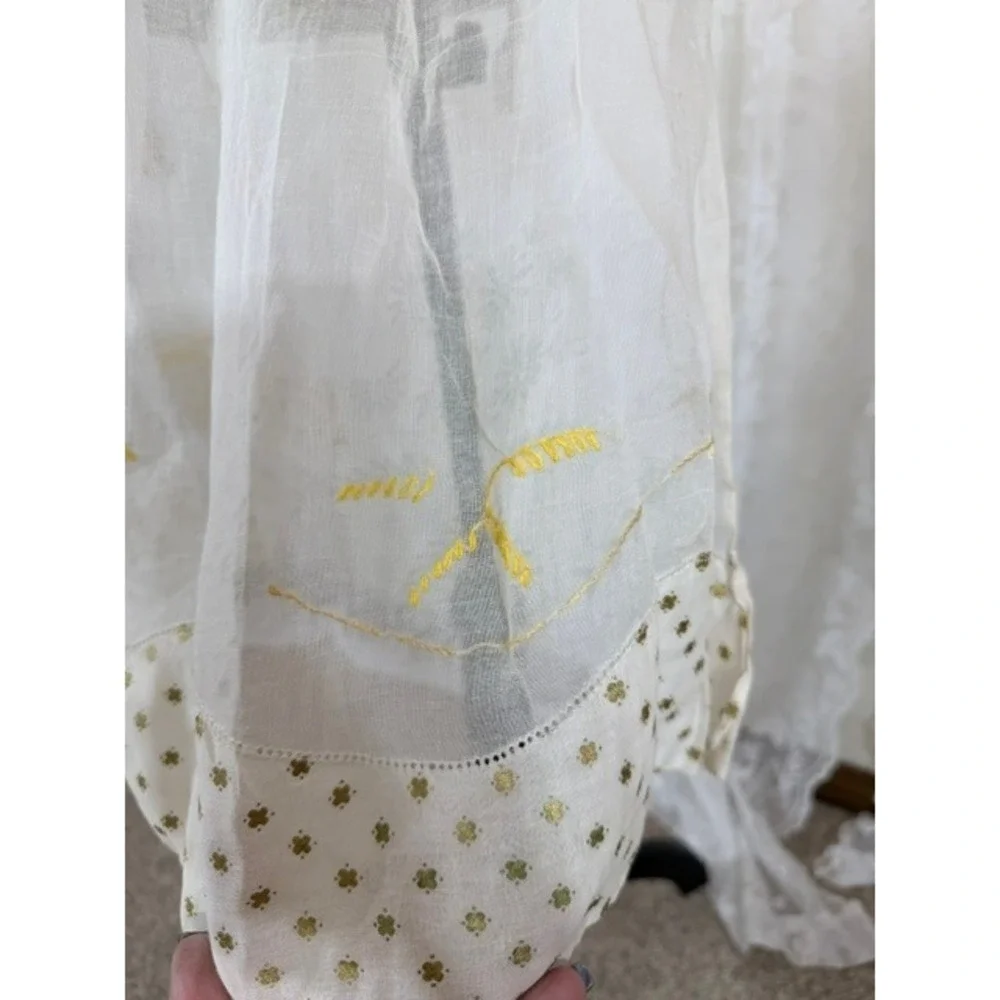 Vintage 1940s Sheer White Half Apron Gold Foil Clover Yellow Floral Embroidery